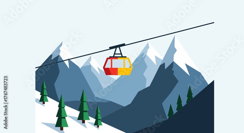 Colorful red and yellow cable car gondola lift illustration.