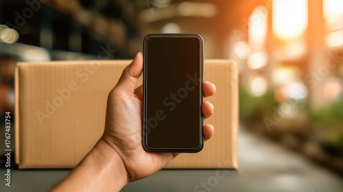 Man holding a smartphone in a modern warehouse setting surrounded by cardboard boxes illustrating the seamless integration of technology logistics and consumer connectivity