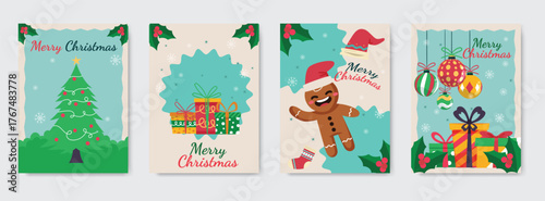 Set Christmas poster and greeting card collection with festive illustrations, Christmas tree, gift boxes, ornaments, and modern holiday typography design.