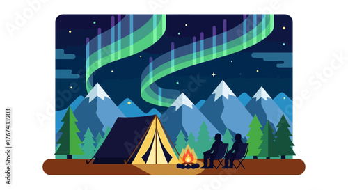 Couple camping under the Northern Lights with a campfire and tent.