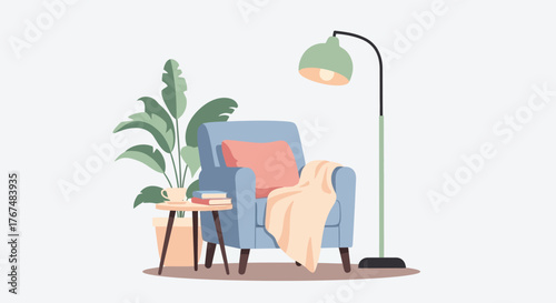 Cozy reading corner with a comfortable blue armchair and floor lamp.