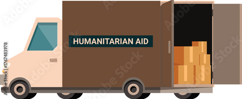 Humanitarian aid truck delivering emergency supplies, side view
