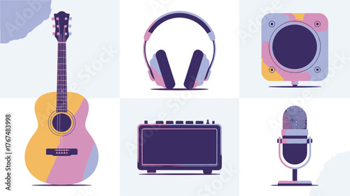 Collection of six vibrant music icons including a guitar headphones speaker microphone and amplifier for digital creative projects