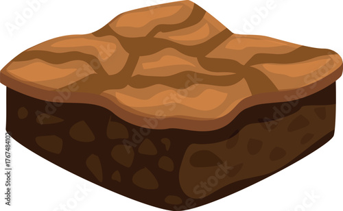 Single square chocolate brownie with wavy frosting on white background
