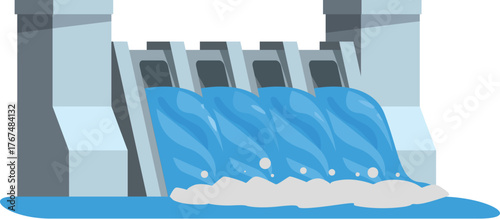 Water flows over hydroelectric dam, generating renewable energy