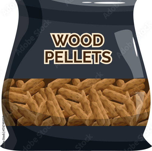 Compressed sawdust pellets for wood burning stoves filling a black plastic bag