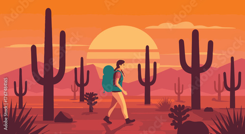 Desert hiker with backpack walks through a cactus-filled landscape at sunset, symbolizing adventure and exploration