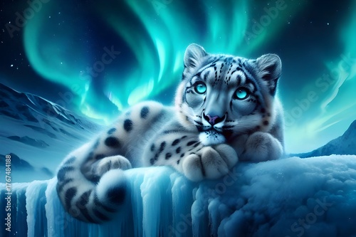 snow leopard with the beautiful blue northern light
