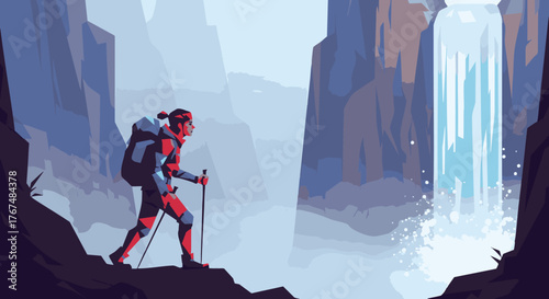 Stylized vector illustration of a determined hiker trekking through a foggy mountain canyon towards a powerful waterfall, representing adventure and exploration