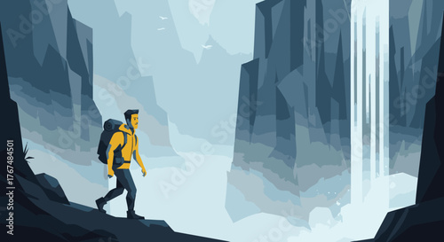 Adventurous Hiker Explores Majestic Waterfall Canyon in a Serene and Inspiring Landscape