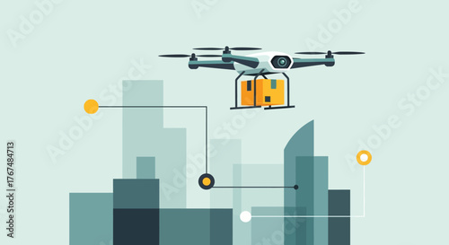 Futuristic autonomous drone carrying a package for delivery.