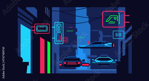 Futuristic Cyberpunk Cityscape with Neon Lights and Sleek Cars.