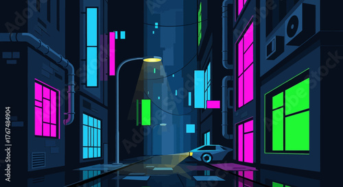 Futuristic sports car parked on a wet street at night.