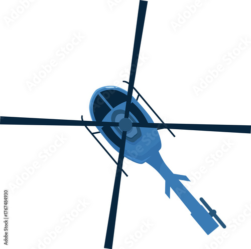Cartoon blue helicopter rotating blades getting ready to fly, aerial view