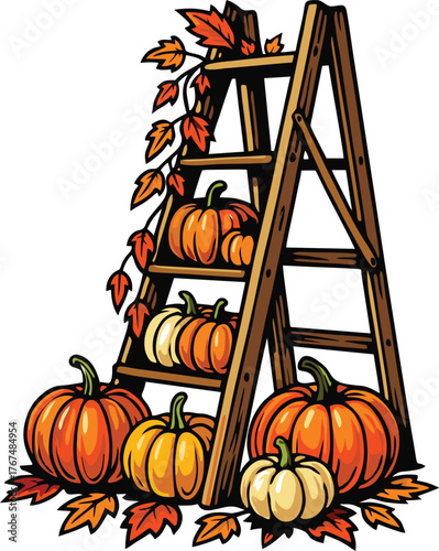 Autumn pumpkins stacked on wooden ladder surrounded by colorful falling seasonal leaves