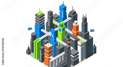 Isometric illustration of a futuristic smart city with interconnected skyscrapers.