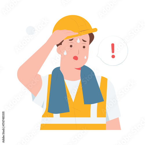 Heatstroke extreme exhaustion fatigue, construction worker wiping sweat, dehydration risk awareness concept illustration