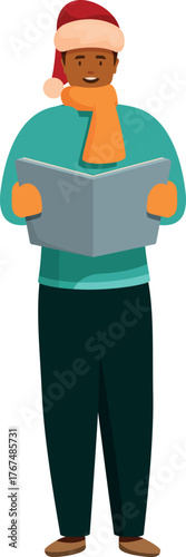 Choir singer performing christmas carols, holding a songbook, wearing festive attire