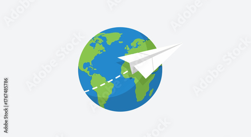 Paper airplane flying around the planet Earth globe icon.