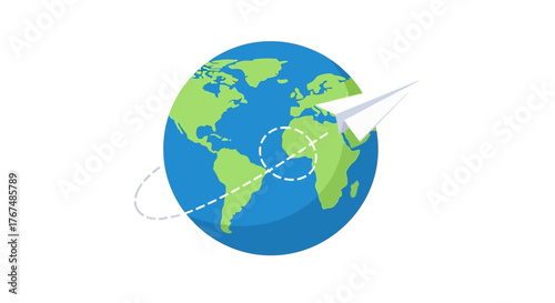 Paper Airplane Circling the Globe - A Symbol of Global Travel.