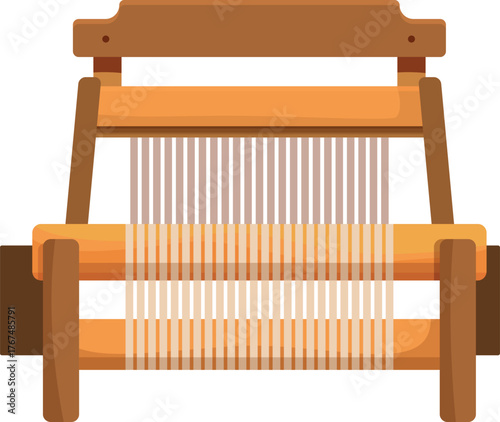 Traditional wooden hand loom weaving white cloth, representing textile craft, weaving process, and handmade fabric production