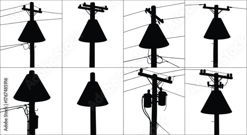 Electric pole cone cover silhouette vector illustration, power line protection design, safety barrier concept, black and white minimal industrial artwork