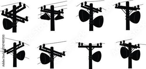 Electric pole speaker silhouette vector illustration, power line megaphone design, communication technology concept, black and white minimal industrial artwork