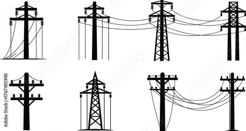 Electric power pole and transmission tower silhouette collection, high voltage energy line vector illustration, electricity infrastructure, industrial black design
