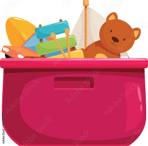 Pink plastic toy box overflowing with a variety of colorful children's toys, including a teddy bear, a toy car, a sailboat, and a xylophone