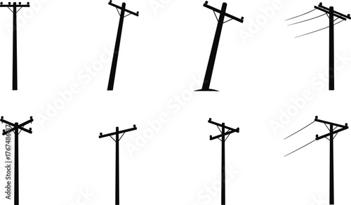 Silhouette of electric poles and power lines, minimal vector illustration, electricity transmission, infrastructure, communication network, urban energy, black design
