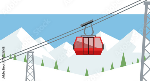 Red cable car gondola lift suspended on a wire.