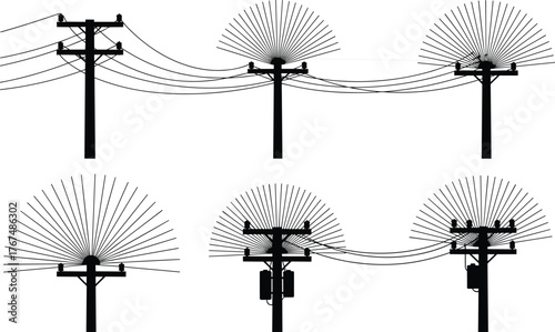 Silhouette of electric utility poles with sunburst effect, power line design, energy transmission structure, industrial electricity distribution background illustration