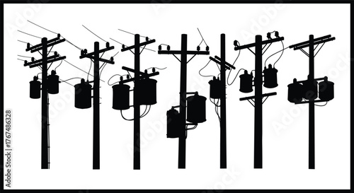 Silhouette of multiple electric power poles with transformers and wires, urban electricity infrastructure illustration, black and white energy distribution design