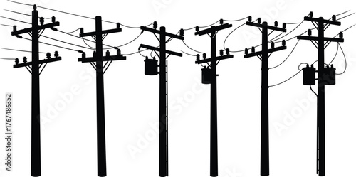 Silhouette of multiple electric power poles with transformers, electricity lines, urban energy infrastructure, black vector illustration, communication and connection design