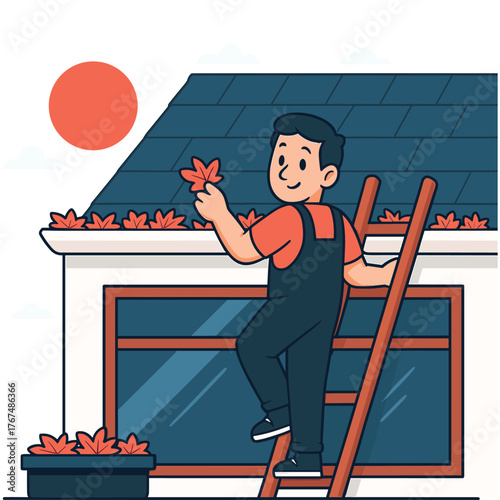A worker in overalls on a ladder cleaning autumn leaves from a house roof gutter. Cute cartoon illustration