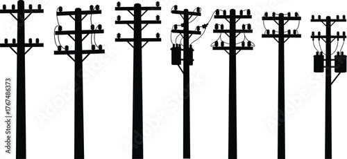Silhouette of multiple electric utility poles with transformers, power lines, electricity distribution, black vector illustration, urban energy connection, infrastructure design