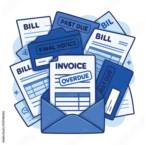 Envelope overflowing with overdue invoices, final notices, and past due bills representing debt and financial stress vector cartoon illustration