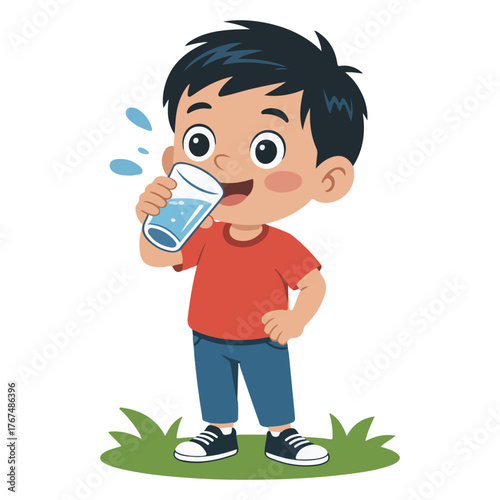 A cartoon illustration of a young boy drinking a glass of water, highlighting hydration and health
