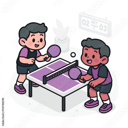Two young boys playing table tennis or ping pong cute vector illustration