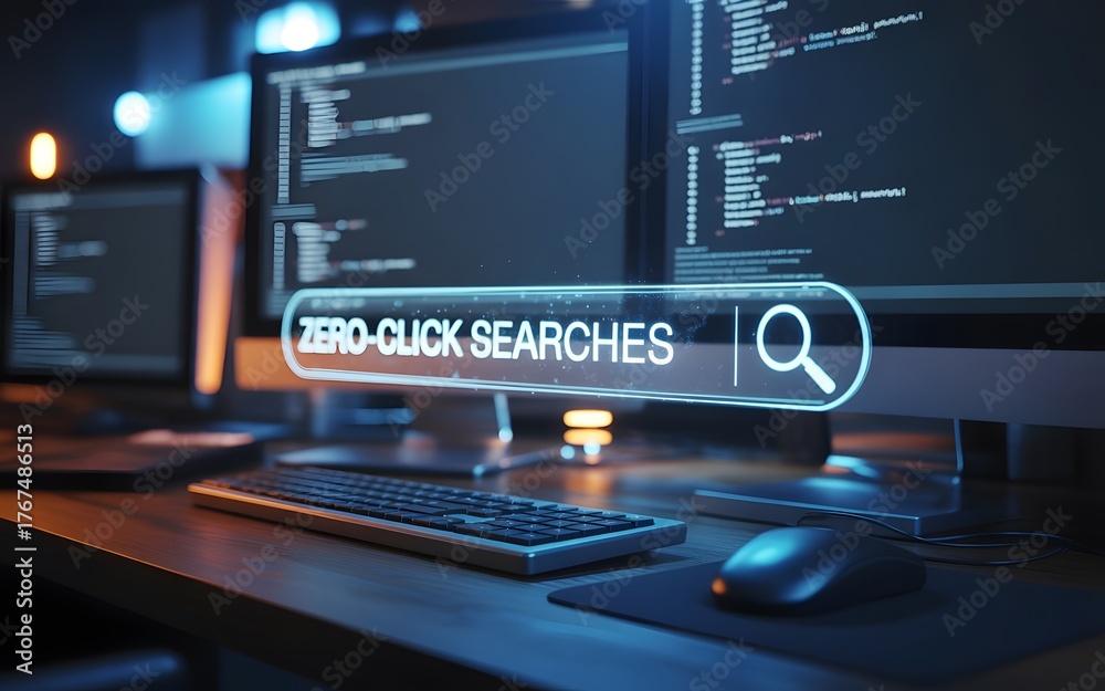 Fototapeta premium Computer screen displaying zero click searches and coding with a search bar icon