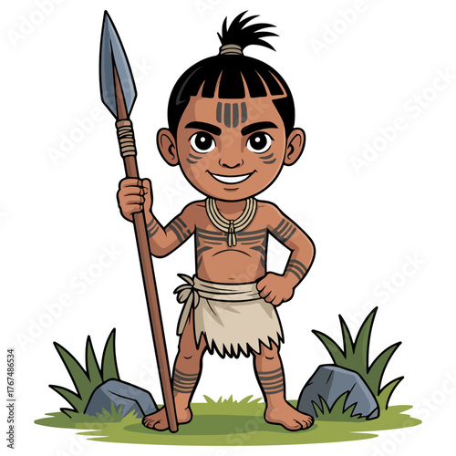 Cartoon depiction of a young warrior with spear, tribal tattoos, and traditional attire. A friendly cartoon style illustration of an indigenous tribe person ready to protect
