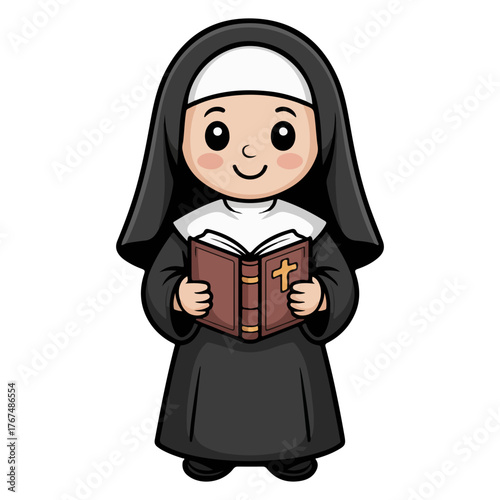 A charming cartoon of a nun reading a book with a cross