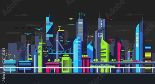 Vibrant futuristic city skyline with neon skyscrapers at night.