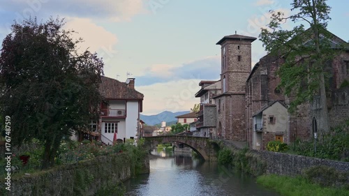 Early Morning in the Old Town of Saint-Jean-Pied-de-Port, France – View of Notre-Dame Gate, the River, and Notre-Dame du Bout du Pont Church
