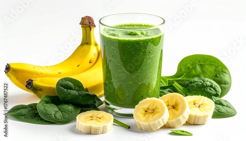 Glass of green smoothie with spinach and banana on white background