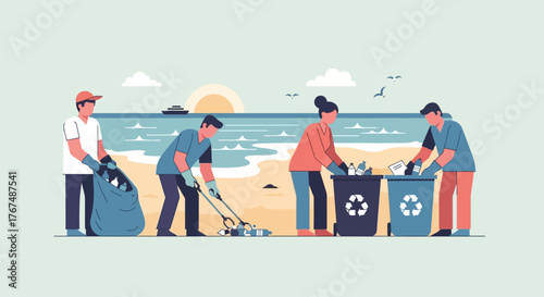 Volunteers cleaning beach removing trash and waste to protect environment.