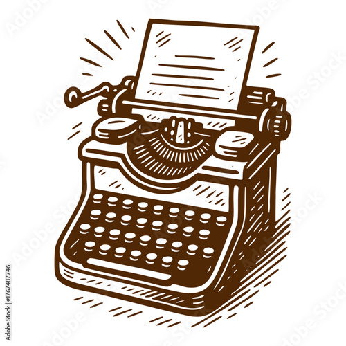 Vintage typewriter hand drawn illustration in retro linocut engraving style