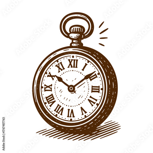 Pocket watch vintage linocut hand drawn illustration