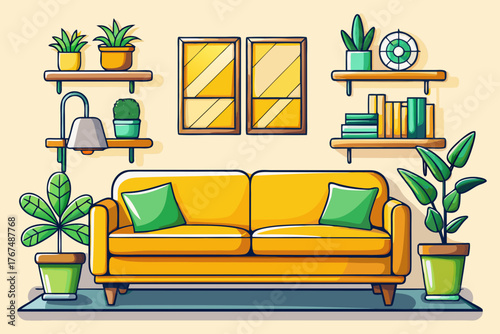 Modern living room interior with stylish yellow sofa and green plant on white background, minimalist home decor, cozy space, contemporary furniture and Scandinavian design inspiration