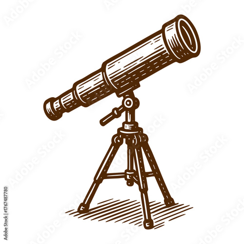 Telescope linocut hand drawn vintage illustration